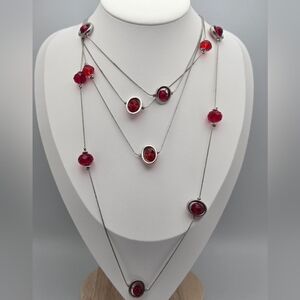 ✨2/$10✨ Bohemian Red Faceted Bead Necklace Double Strand Silver Tone